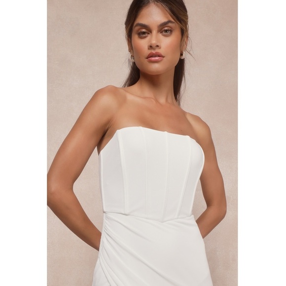 NWT LULUS Strapless Corset Bustier Sleeveless Draped Side Slit Mesh Maxi Gown XS - Picture 2 of 5